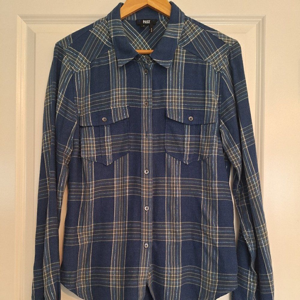 PAIGE Blue PLAID BUTTON UP size M
